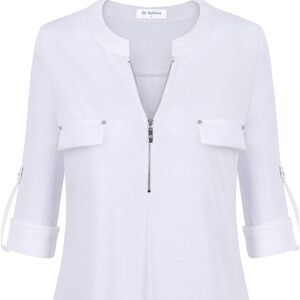 Bulotus Women's Zip Front V-Neck 3/4 Sleeve Tunic Casual Top